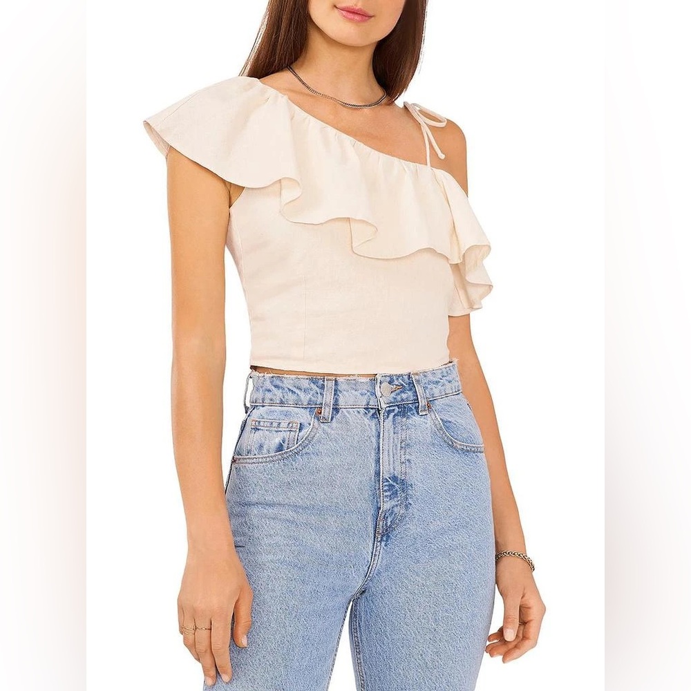 1.STATE Women's Linen Blend Asymmetric Neck Crop Top - Whitecap Grey, M
